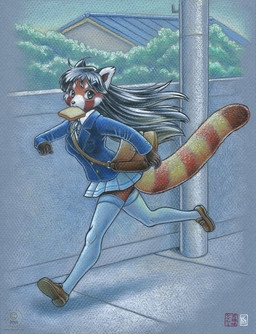 5_fingers absolute_territory anthro bag biped bottomwear bread clothing detailed_background eat_and_run female fingers food food_in_mouth footwear hair legwear long_hair looking_at_viewer running school_uniform shoes skirt solo stockings tail thigh_highs toast toast_in_mouth toony uniform kacey ailurid mammal red_panda 2011 detailed