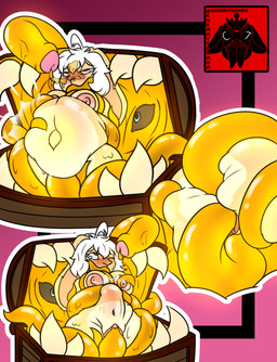 abdominal_bulge all_the_way_through all_three_filled anal anal_penetration anthro blue_eyes blush blushing_profusely bodily_fluids breast_grab breast_squish breasts cum cum_in_ass cum_in_vagina cum_inflated_belly cum_inflation cum_inside cum_on_face duo_focus ejaculation eyebrow_piercing facial_piercing female genital_fluids genitals glowing glowing_cum glowing_eyes glowing_genitalia glowing_penis group hand_on_breast humanoid_genitalia humanoid_penis inflation male nipples oral oral_penetration penetration penis piercing restrained restrained_by_tentacles sex simple_background size_difference slime smaller_female squish tendrils tentacle_in_ass tentacle_in_mouth tentacle_penetration tentacle_sex tentacles unusual_bodily_fluids unusual_cum unusual_genital_fluids vaginal vaginal_penetration cherryterror jack_the_mimic goo_creature lagomorph mammal mimic mimic_chest 2025 absurd_res detailed hi_res