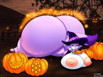 anthro areola big_breasts big_butt breasts butt butt_expansion clothing cutlery dessert eating expansion female food fork fruit fur hat headgear headwear holidays huge_breasts huge_butt hyper hyper_breasts hyper_butt jack-o'-lantern kitchen_utensils nipples outside pastry pie plant pumpkin pumpkin_pie purple_body purple_fur solo tools witch_hat bludgeon cornchip21 halloween sega sonic_the_hedgehog_(series) blaze_the_cat domestic_cat felid feline felis mammal 2021 4:3 hi_res