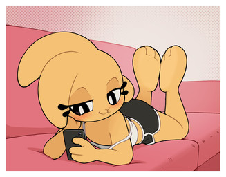 3_toes 4_fingers anthro arm_support athletic_wear barefoot black_bottomwear black_clothing black_eyes black_gym_shorts blush blush_lines border bottomwear calves_up cellphone closed_smile clothed clothing electronics eyelashes feet female female_anthro fingers fully_clothed fur furniture gym_bottomwear gym_shorts hand_on_cheek hand_on_own_cheek holding_cellphone holding_object holding_phone leaning_on_elbow looking_at_object looking_at_phone lying mouth_closed narrowed_eyes off_shoulder on_front on_sofa phone pink_sofa pupils red_blush scut_tail shirt short_tail shorts smile smirk sofa solo tail tank_top the_pose toes topwear white_border white_clothing white_pupils white_shirt white_tank_top white_topwear yellow_body yellow_ears yellow_fur yellow_tail gaturo bonita_(gaturo) lagomorph leporid mammal rabbit 2025 alternate_version_at_source digital_media_(artwork) full-length_portrait hi_res portrait shaded