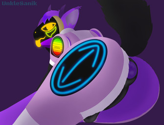 anthro anus armor backsack balls biped butt femboy fur genitals hair horn looking_at_viewer machine male purple_body purple_fur raised_tail screen screen_face simple_background solo tail tongue visor yellow_eyes unklesanik ax_the_protogen mammal protogen robot 2023 digital_drawing_(artwork) digital_media_(artwork) shaded watermark