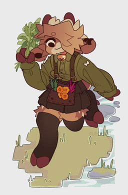 ambiguous_gender anthro apron bell bell_collar bottomwear brown_body brown_fur cheek_tuft clothing cloven_hooves collar collared_shirt crotch_apron dress_shirt ear_piercing ear_ring facial_tuft fingers fluffy fur hair hair_over_eye holding_plant hooved_fingers hooved_toes hooves horn leg_tuft leg_warmers legwear looking_down piercing pouch_(clothing) ring_piercing shirt skirt solo suspenders tan_body tan_fur thigh_tuft tongue tongue_out topwear tuft unguligrade walking ruedeath rowan_(ruedeath) bovid caprine goat mammal hi_res nonbinary_(lore)