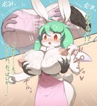 ahoge anthro apron apron_only between_breasts big_breasts blush bodily_fluids breast_expansion breast_grab breasts clothing dot_nose duo ears_up expansion female fur glistening glistening_body grabbing_from_behind green_hair hair hair_between_eyes hand_on_breast holding_ladle huge_breasts inside kitchen_utensils ladle long_hair motion_lines nipples orange_eyes pink_apron pink_clothing scut_tail short_tail standing surprised_expression sweat tail text tools wet white_body white_fur obikuragetyan lagomorph leporid mammal rabbit hi_res japanese_text translation_request