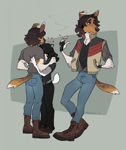 anthro arm_tuft belt black_hair boots bottomwear brown_body brown_fur brown_hair chest_tuft cigarette clothing denim denim_bottomwear denim_clothing duo ear_piercing ear_ring ears_back elbow_tuft fingerless_gloves flannel flannel_shirt footwear fur gloves green_background grey_body grey_fur hair half-closed_eyes handwear heart_symbol hug jeans long_hair love male male/male narrowed_eyes pants piercing pivoted_ears ring_piercing romantic romantic_couple shirt shoes simple_background smile smirk smoking smoking_tobacco smug smug_face smug_grin studded_belt studs t-shirt topwear tuft v-neck v-neck_shirt vest white_body white_fur cadaverrdog eli_(fleetwoodbrak) gio_(cadaverrdog) canid canine canis collie domestic_dog herding_dog hybrid mammal pastoral_dog sheepdog smooth_collie wolfdog hi_res