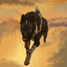 abstract_background ambiguous_gender brown_body brown_fur feral front_view fur green_eyes open_mouth running solo text tongue tongue_out msdeadsoul canid canine mammal 1:1 2021 artist_name dated hi_res female_(lore)