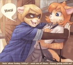 2013 anthro bag blonde_hair blue_eyes bottomwear brown_body brown_fur building claws clothed clothing comic dialogue digital_media_(artwork) domestic_cat domestic_ferret duo english_text felid feline felis female fur hair hi_res house iskra male mammal marcel_the_ferret mustelid musteline orange_body orange_fur orange_hair outside pink_nose pleated_skirt question_mark shaded shirt short_hair skirt standing stripes text topwear true_musteline vera_(iskra) weasel yellow_body yellow_fur