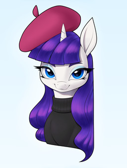 beret blue_eyes clothed clothed_feral clothing eyebrows eyelashes eyeshadow female feral hair hat headgear headwear horn long_hair looking_at_viewer makeup purple_hair simple_background solo sweater topwear unicorn_horn white_background white_body aquaticvibes friendship_is_magic hasbro my_little_pony mythology rarity_(mlp) equid equine mammal mythological_creature mythological_equine unicorn absurd_res hi_res