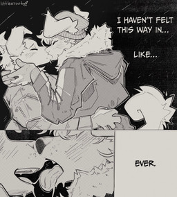 2_panel_comic ambiguous/ambiguous ambiguous_gender anthro beanie blush bodily_fluids caressing clothing curled_tail duo eyes_closed french_kissing hat headgear headwear kissing saliva saliva_string tail text tongue tongue_out littlearrowdog canid canine canis domestic_dog mammal comic english_text hi_res monochrome