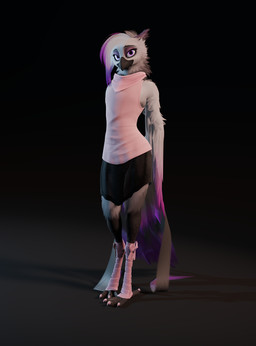 anthro beak black_bottomwear black_clothing black_skirt bottomwear claws clothing feathers feet femboy grey_body hair male pink_claws pink_clothing pink_shirt pink_tank_top pink_topwear purple_body purple_eyes purple_feathers purple_hair ribbons shirt skirt solo talons tank_top toes topwear ruaidri adhina_(ruaidri) avian 2024 3d_(artwork) digital_media_(artwork)