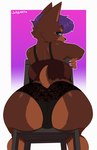 anthro babydoll back_boob big_breasts big_butt black_clothing black_nose black_panties black_underwear blue_eyes breasts brown_body brown_fur butt chair cheek_tuft clothing colored_nails eyelashes facial_tuft female fur furniture hair looking_at_viewer looking_back nails nightgown panties pink_nails purple_hair rear_view short_hair sitting solo text tuft underwear wide_hips jollysart athena_(jim4209372929) canid canine canis dobermann domestic_dog mammal pinscher 2025 artist_name hi_res