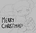 beanie bow_ribbon box clothing container female feral gift hat headgear headwear holidays looking_at_viewer merry_christmas open_mouth open_smile smile solo text storm_(artist) christmas palworld pocketpair chillet pal_(species) 2024 greyscale monochrome