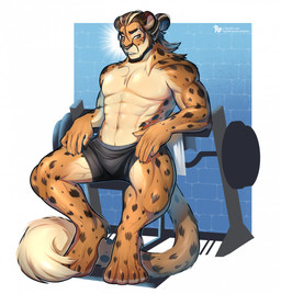 anthro gym male muscular solo spots olenchik cheetah felid feline lion mammal pantherine hi_res