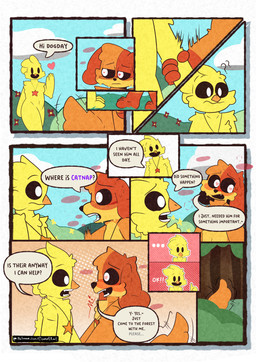 bodily_fluids duo field forest greeting heart_symbol male male/male plant smoke sweat tail text tree worried alexboom11 comet_kat mob_entertainment poppy_playtime smiling_critters dogday_(poppy_playtime) kickinchicken canid canine canis domestic_dog hybrid mammal absurd_res comic english_text hi_res huge_filesize url