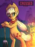 anthro applejack_(mlp) blood bodily_fluids crossed crossed_equestria deyogee equid equine farm female feral fire friendship_is_magic hasbro horse jitterbug_jive mammal my_little_pony pony semi-anthro solo