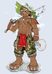 4_toes 5_fingers abs anthro areola big_areola big_nipples bottomwear brown_areola brown_body brown_eyes brown_fur brown_nipples camo camo_bottomwear camo_clothing camo_print camo_shorts claws clothing feet fingers fishing_rod footwear fur hair kemono leaf leaf_on_head loincloth male monotone_body monotone_fur muscular muscular_anthro muscular_male nipples open_crotch pattern_bottomwear pattern_clothing pattern_shorts raining sandals shirtless_anthro shirtless_male shoes shorts solo tied_hair toes white_claws yzmuya species_request absurd_res hi_res