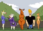 anthro big_breasts blonde_hair breasts business_suit clothed clothed/nude clothed_male clothing ear_piercing eyeshadow female group hair hooves horn journalist lipstick looking_pleasured makeup male multicolored_body nude piercing purple_eyeshadow reporter suit tan_body tongue two_tone_body white_body vylfgor cartoon_network johnny_bravo_(series) becky_(johnny_bravo) carol_the_antelope cow_lady_(johnny_bravo) johnny_bravo mary_antelope antelope bovid bovine cattle deer gazelle human mammal moose new_world_deer 2023 digital_media_(artwork) hi_res