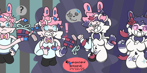 anthro box clothing container eyewear female gift gift_box gift_wrapped glasses goo_transformation hair intersex intersex/female male male/male nude nude_anthro null_bulge pink_body pink_hair pool_toy pooltoy_transformation purple_hair solo transformation moxxiecd nintendo pokemon eeveelution generation_6_pokemon goo_creature pokemon_(species) sylveon absurd_res hi_res