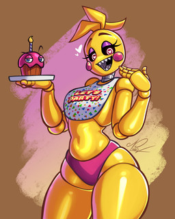 anthro beakless bib black_sclera brown_background clothing eyelashes eyeshadow feathers female flat_chested front_view head_feathers head_tuft heart_eyes heart_symbol looking_at_viewer machine makeup navel open_mouth open_smile panties pink_clothing pink_panties pink_underwear purple_eyeshadow rosy_cheeks sharp_teeth simple_background smile solo teeth thick_thighs tuft underwear wide_hips yellow_body yellow_feathers halfgalaxy five_nights_at_freddy's five_nights_at_freddy's_2 scottgames toy_chica_(fnaf) animatronic avian bird chicken galliform phasianid robot 4:5 absurd_res hi_res