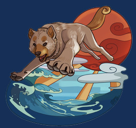 ambiguous_gender black_eyes black_nose brown_body brown_fur feral fur jumping outside quadruped sea solo spot_illustration stylized sun tail water yumesanme canid canine canis domestic_dog mammal alpha_channel