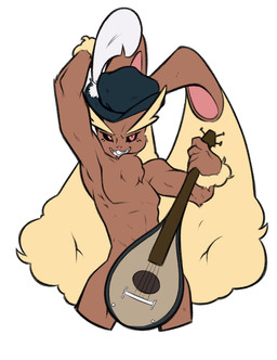 anthro clothing fur grin hat headgear headwear looking_at_viewer lute male mostly_nude muscular muscular_anthro muscular_male musical_instrument plucked_string_instrument red_eyes simple_background smile solo string_instrument dorian-bc nintendo pokemon fan_character timothy_vladislaus generation_4_pokemon lagomorph lopunny mammal pokemon_(species)
