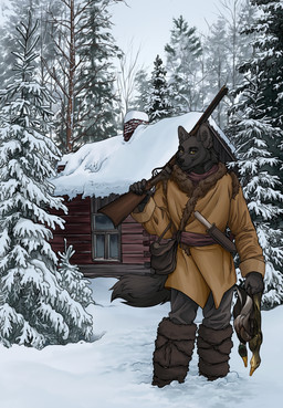 anthro black_body black_fur cabin cold forest fur gun hunter hunting knife leather male outside plant ranged_weapon rifle shotgun snow solo tree weapon winter agentmoose fenwolf anatid anseriform avian bird canid canine canis duck mammal wolf absurd_res hi_res