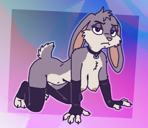 all_fours anthro areola big_breasts biped breasts eyelashes feet female female_anthro fingers fluffy fluffy_tail fur gradient_background grey_body grey_fur half-closed_eyes hanging_breasts light_body light_fur long_ears looking_at_viewer mostly_nude multicolored_body multicolored_fur narrowed_eyes neutral_expression nipples presenting simple_background solo tail three-quarter_view toes two_tone_body two_tone_fur unimpressed ircluzar violet_bunny lagomorph leporid mammal rabbit cel_shading digital_media_(artwork) full-length_portrait hi_res portrait shaded