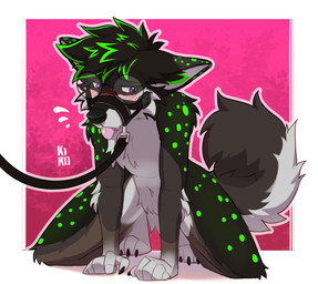 5_fingers all_fours anthro blush blush_lines ears_back ears_down eyewear facial_markings feet fingers fox_ears fox_tail fur glasses green_body green_fur green_hair green_markings grey_body grey_fur hair head_markings hindpaw leash leashed_male male markings multicolored_body multicolored_fur muzzle_(marking) muzzle_(object) muzzled on_ground open_mouth paws pivoted_ears purple_eyes simple_background solo submissive submissive_anthro submissive_male tail text tongue tongue_out wearing_glasses white_body white_fur fenneckiro thejerryfox canid canine fox mammal 1:1 2026 4k absurd_res artist_name colored digital_drawing_(artwork) digital_media_(artwork) full-length_portrait hi_res portrait shaded