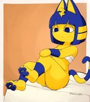 4_toes anthro barefoot bed blue_eyes blue_hair blue_pawpads butt claws feet female foot_focus fur furniture hair pawpads paws simple_background sitting soles solo toe_claws toes yellow_body yellow_fur softhanten animal_crossing nintendo ankha_(animal_crossing) domestic_cat felid feline felis mammal hi_res