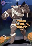 abs anthro black_body black_fur fur horn jack-o'-lantern male mummy_costume mummy_wrappings muscular muscular_anthro muscular_male pecs solo text nanbuskhan lifewonders tokyo_afterschool_summoners gyumao_(tas) bovid bovine cattle mammal english_text