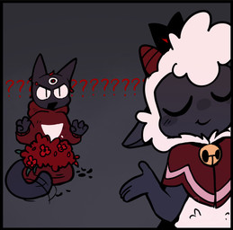 3_eyes ambiguous_anthro ambiguous_gender anthro bell bell_collar black_border border clothing collar confusion duo eyes_closed grey_background horn looking_at_another multi_eye red_clothing simple_background smile crow-ig cult_of_the_lamb massive_monster_(studio) lamb_(cult_of_the_lamb) narinder bovid caprine domestic_cat felid feline felis mammal sheep 2025 digital_drawing_(artwork) digital_media_(artwork) hi_res signature