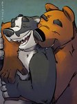 anthro biped black_body black_fur black_nose brown_body brown_fur duo eyes_closed fur hug hugging_another hugging_from_behind humanoid_hands male white_body white_fur k-9 badger bear mammal mustelid musteline 2022 hi_res