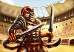 abs anthro arena armor audience belt big_muscles blue_sky cheek_tuft clenched_teeth clothed clothing day detailed_background dual_wielding facial_tuft front_view fur gardbrace gladiator glistening glistening_hair green_eyes group hair harness holding_melee_weapon holding_object holding_sword holding_weapon huge_muscles inner_ear_fluff large_group looking_up male male_focus melee_weapon muscular muscular_male outside pauldron pecs public pupils red_hair rerebrace roman sharp_teeth sky slit_pupils snarling solo_focus standing striped_body striped_fur stripes sword teeth topless tuft vambrace warrior weapon catzakir felid mammal pantherine tiger portrait three-quarter_portrait