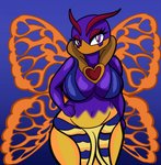 anthro big_breasts breasts cleavage clothed clothing female hand_on_hip insect_wings looking_at_viewer narrowed_eyes non-mammal_breasts purple_background purple_body purple_eyes simple_background solo standing swimwear thick_thighs wide_hips wings someth1ngoranother kirby_(series) nintendo queen_sectonia arthropod bee hymenopteran insect hi_res