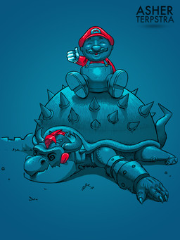 3_toes 4_fingers anthro armlet barefoot big_head clothed clothing collar defeated duo eyes_closed facial_hair feet fingers flat_cap footwear fully_clothed gesture gloves hair hand_gesture handwear hat headgear headwear horn lying male mohawk mustache on_front open_mouth overalls red_hair shell shirt shoes short_hair sitting size_difference spiked_collar spiked_shell spikes spikes_(anatomy) spread_arms spread_legs spreading tail text text_on_clothing text_on_hat text_on_headwear thumbs_up toes tongue tongue_out toony topwear turtle_shell asher_terpstra mario_bros nintendo bowser mario human koopa mammal scalie 3:4 restricted_palette
