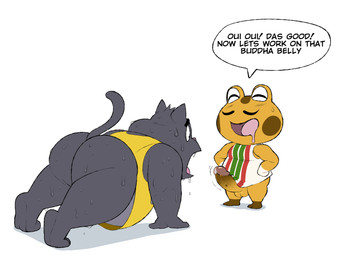 balls bodily_fluids bottomless butt clothed clothing dialogue duo erection exercise facial_hair genitals humanoid_genitalia humanoid_penis male mustache obese overweight overweight_male penis shirt simple_background speech_bubble sweat tank_top text toony topwear white_background conditional_dnp erobos animal_crossing nintendo cousteau_(animal_crossing) pooka_(ero) amphibian domestic_cat felid feline felis frog mammal english_text