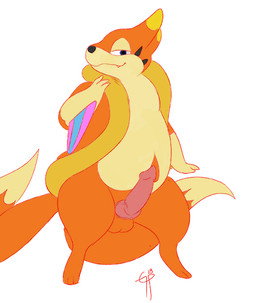 2_tails 3_fingers 3_toes balls biped black_nose erection feet feral fingers fur genitals knot knotted_penis long_tail looking_at_viewer male multi_tail nude orange_balls orange_body orange_fur orange_tail penis pink_penis simple_background solo standing tail teeth toes white_background amara_burrger animorph59 nintendo pokemon ren_the_floatzel floatzel generation_4_pokemon pokemon_(species) 2018