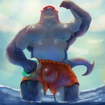 anthro bulge male muscular muscular_male nipple_piercing nipples pecs piercing solo gabeccoon epic_games fortnite safety_first_steve_(fortnite) animal_humanoid fish fish_humanoid humanoid marine marine_humanoid shark shark_humanoid hi_res