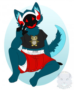 4_toes 5_fingers ambiguous_gender anthro big_diaper black_clothing black_shirt black_t-shirt black_topwear blue_body blue_fur blue_inner_ear_fluff blue_tail bottomwear clean_diaper clothed clothing diaper diaper_peekage diaper_under_clothing feet fingerless_(marking) fingers front_view fur gesture hand_gesture happy head_tilt inner_ear_fluff logo machine navel open_mouth open_smile protogen_visor red_bottomwear red_clothing red_shorts shirt shorts simple_background sitting smile solo t-shirt tail text toes topwear tuft v_sign wearing_diaper white_diaper rileykit heinrich_(owlloverhoot) avian bird owl protogen 2024 artist_logo artist_name full-length_portrait hi_res portrait