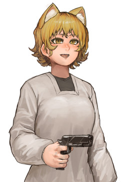 :d blonde_hair blush clothed clothed_female clothed_humanoid clothing dress female gun hair handgun holding_gun holding_handgun holding_object holding_pistol holding_ranged_weapon holding_weapon inner_ear_fluff long_sleeves open_mouth open_smile pistol pupils ranged_weapon short_hair simple_background slit_pupils smile solo tuft weapon white_background yellow_eyes chanta touhou ran_yakumo animal_humanoid canid canid_humanoid canine canine_humanoid fox_humanoid humanoid mammal mammal_humanoid 2019 absurd_res hi_res