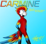 anthro beak carmine_(meatyr) claws facial_markings feathers head_markings male markings multicolored_body multicolored_feathers nervous_smile red_body scar solo meatyr ara_(genus) avian bird macaw neotropical_parrot parrot scarlet_macaw true_parrot absurd_res hi_res