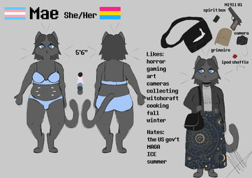 anthro arm_tuft astrological_symbol bell bell_collar belly belly_nipples blue_bra blue_clothing blue_eyes blue_panties blue_underwear body_hair book bottomwear bra breasts bulge butt camera cheek_tuft chest_tuft clothed clothing collar elbow_tuft electronics eyeliner facial_piercing facial_tuft fluffy front_view fur grey_background grey_body grey_ears grey_fur grey_tail gun gynomorph hair handgun horoscope intersex ipod_shuffle jacket lgbt_pride m1911 makeup navel new_york new_york_city nose_piercing occult_symbol pansexual_pride_colors panties partially_clothed pentacle piercing pistol portable_music_player pride_colors purse ranged_weapon rear_view septum_piercing shirt simple_background skirt slightly_chubby slightly_chubby_anthro slightly_chubby_gynomorph slightly_chubby_intersex solo spirit_box symbol tail text topwear transgender_pride_colors tuft twin_towers twin_towers_(new_york_city) underwear weapon whiskers world_trade_center mrs_owo apple_inc. colt's_manufacturing_company ipod mae_(mrs_owo) domestic_cat felid feline felis mammal absurd_res english_text hi_res model_sheet signature trans_(lore) trans_woman_(lore)