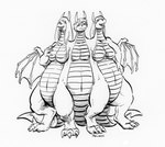 anthro conjoined female group multi_head multi_leg multi_limb multi_tail multifur tail trio cervelet mythology dragon mythological_creature mythological_scalie scalie monochrome herm_(lore)