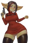 black_clothing black_hair black_legwear black_stockings breasts clothing female green_body gun hair highlights_(coloring) holding_gun holding_object holding_ranged_weapon holding_weapon humanoid_pointy_ears legwear looking_at_viewer navel not_furry pointy_ears purple_eyes ranged_weapon red_clothing red_highlights red_shirt red_topwear shirt simple_background solo stockings topwear weapon white_background shchrit capcom resident_evil ada_wong goblin humanoid 2023 digital_media_(artwork) hi_res