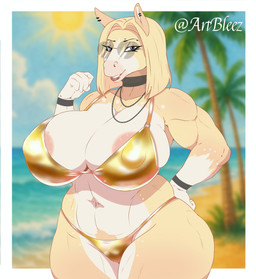 5_fingers anthro areola areola_slip beach big_breasts bikini blonde_hair blurred_background border breasts camel_toe choker clothing cloud curvy_figure ear_piercing eyebrows eyelashes eyewear female fingers glasses gold_bikini hair hand_on_hip huge_breasts jewelry legs_together looking_at_viewer midriff navel necklace outside palm_tree piercing pince-nez plant purple_eyes round_sunglasses sand seaside short_hair sky smile solo standing sun sunglasses swimwear text thick_thighs tree twitter_handle two-piece_swimsuit voluptuous water wearing_sunglasses white_border wide_hips wristband bleez_art golden_week karen_(bleez_art) equid equine horse mammal 2025 artist_name hi_res