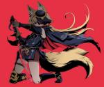 ambiguous_gender blonde_hair blood bodily_fluids clothed clothing footwear hair holding_melee_weapon holding_object holding_sword holding_weapon katana long_hair melee_weapon red_background red_eyes shoes simple_background solo sword weapon umdworks sdorica izumi_(sdorica) animal_humanoid canid canid_humanoid canine canine_humanoid fox_humanoid humanoid mammal mammal_humanoid 2019 hi_res