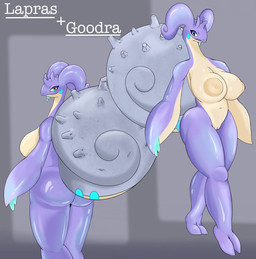 anthro areola big_breasts big_butt breasts butt female female_anthro fusion genitals nipples pink_body pokemon_fusion shell solo standing tan_areola tan_nipples vulva brushbyter nintendo pokemon generation_1_pokemon generation_6_pokemon goodra lapras pokemon_(species) absurd_res hi_res
