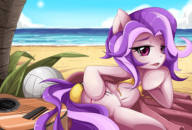 acoustic_guitar ball beach bikini clothing detailed_background female guitar musical_instrument on_towel outside plucked_string_instrument sand seaside sky solo string_instrument swimwear towel two-piece_swimsuit volleyball_(ball) water jinzhan hasbro my_little_pony equid equine horse mammal pony