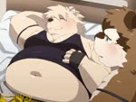 anthro awake bed belly blowing blush brown_body brown_fur clothing duo eyes_closed fur furniture humanoid_hands kemono looking_at_another looking_at_belly looking_at_partner lying male navel navel_fetish overweight overweight_male shirt sleeping surprise topwear nikiciy bear canid canine mammal polar_bear raccoon_dog tanuki ursine 2020 4:3 animated no_sound short_playtime webm