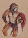 :< ancient_greece anthro armor athletic balls barely_visible_balls barely_visible_genitalia bottomwear bracers clothing front_view genitals greek headgear helmet holding_object looking_at_viewer male mane muscular muscular_anthro muscular_male navel pecs simple_background skirt solo standing step_pose warrior whiskers neverwolf spartan_(roman) felid lion mammal pantherine 2016 colored_pencil_(artwork) hi_res traditional_media_(artwork)