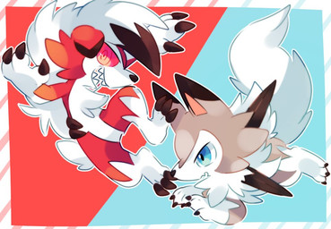 ambiguous_gender blue_background blue_eyes border brown_body brown_fur chest_tuft chibi claws detailed_background dipstick_ears dipstick_hair dipstick_limbs duo ear_markings feral fur fur_tuft hair looking_at_viewer multicolored_ears open_mouth pounce red_background red_body red_eyes red_fur semi-anthro simple_background spikes tuft white_body white_border white_fur white_hair zoroa553 nintendo pokemon canid generation_7_pokemon lycanroc mammal midday_lycanroc midnight_lycanroc pokemon_(species) 2020 digital_media_(artwork)